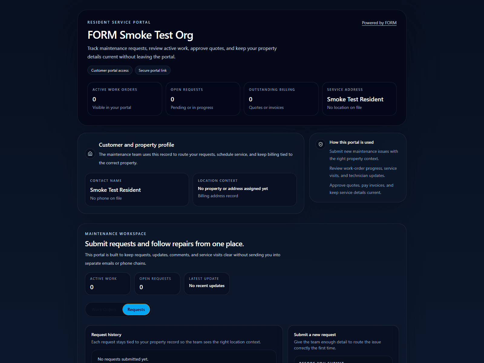 Real FORM customer portal showing request and billing continuity