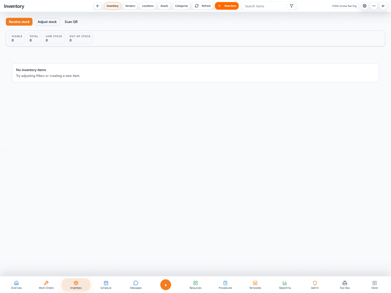 FORM Inventory showing stock visibility and item records.